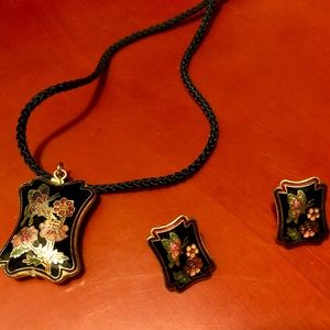 Matching Pendant & Earrings w/ Butterfly & Flowers